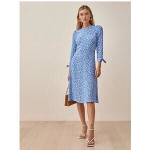 Reformation Port Dress in Marie Blue White Floral Midi Long Sleeves sz 4